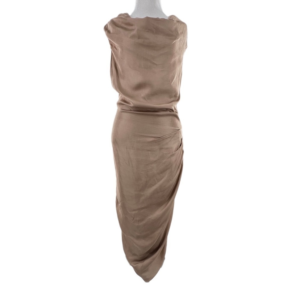 All Saints dress size 6 38 taupe tan asymmetrical cowl maxi sheath cocktail